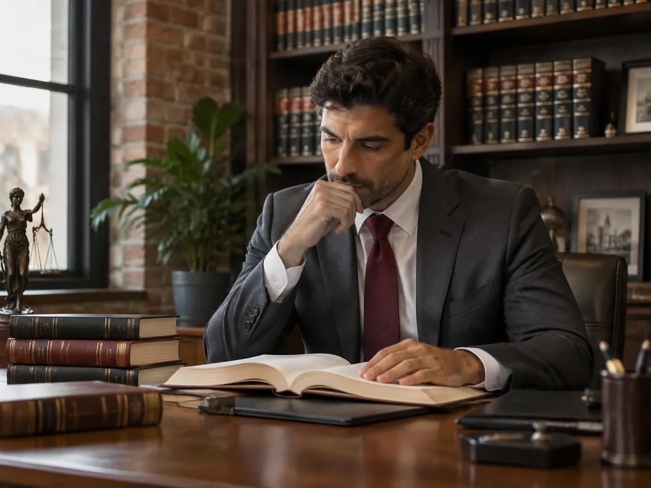 Advogado de terno lendo um livro com expressão reflexiva, diante de uma estante com livros jurídicos